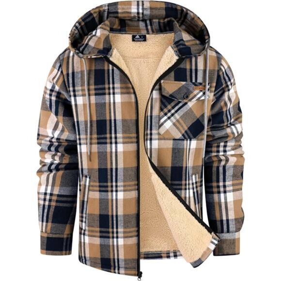 Men's Flannel Jacket Zip Up Fleece Sweatshirt Khaki - Picture 1 of 5